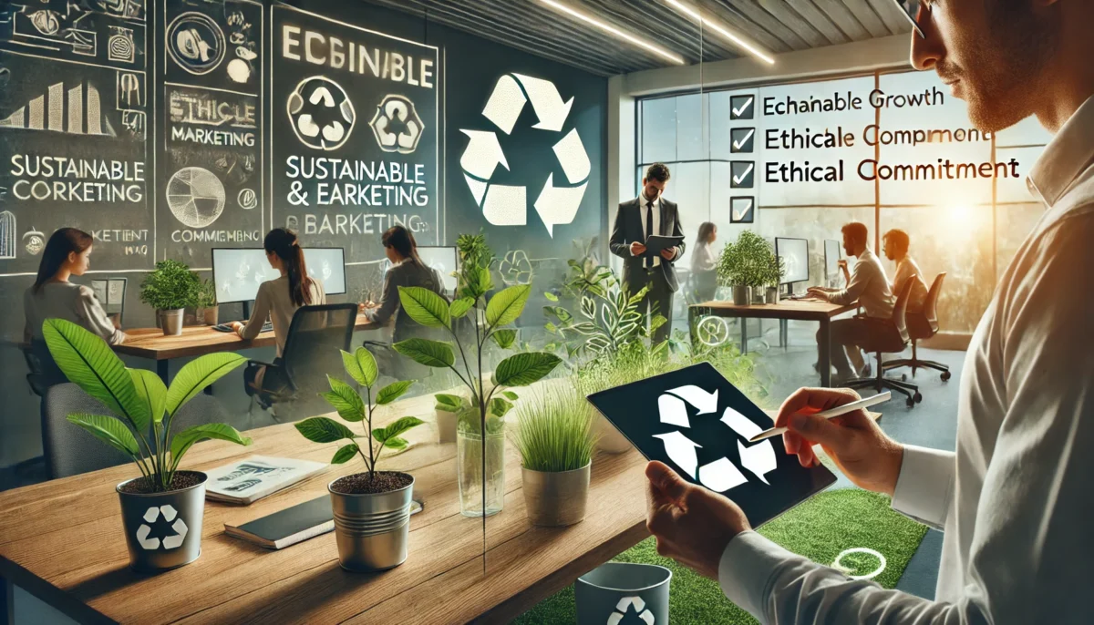 Moderner Arbeitsplatz, an dem eine Person nachhaltige und ethische Marketingstrategien auf einem Tablet überprüft. Symbole wie grüne Pflanzen und Recycling-Icons repräsentieren Umweltbewusstsein und Verantwortung.