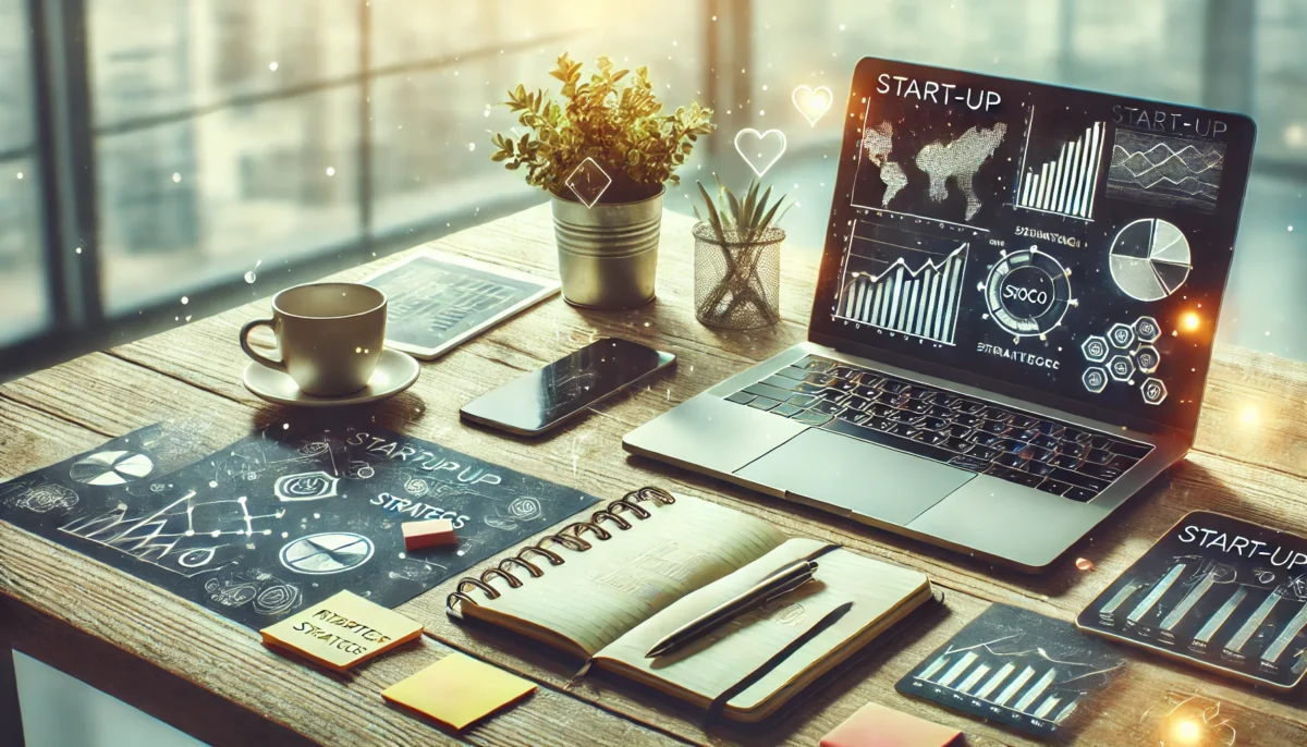 Moderne Arbeitsumgebung, die Start-up-Marketingstrategien symbolisiert. Ein Laptop mit Analysen, ein Smartphone und ein Notizbuch mit handgezeichneten Diagrammen. Haftnotizen, eine Kaffeetasse und eine Pflanze schaffen eine kreative und dynamische Atmosphäre.